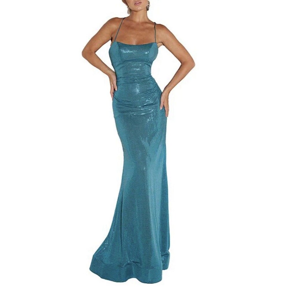 Terani Couture Sequin Long Sheath Gown Size 0 NWT Teal Blue Strappy Open Back